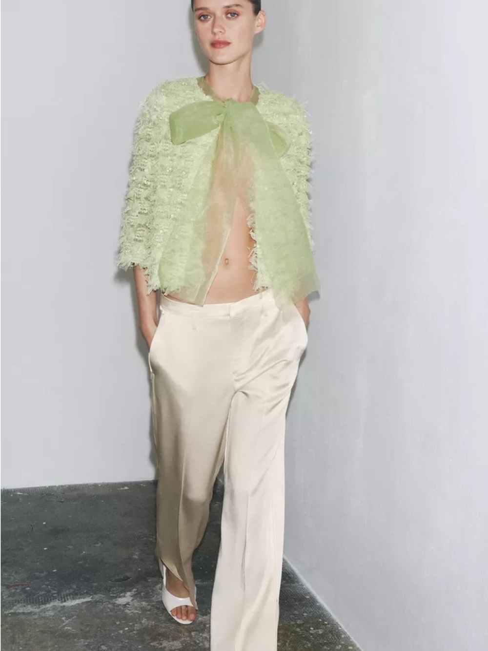 Zara Tassel Light Green Textured Bow-Front Jacket